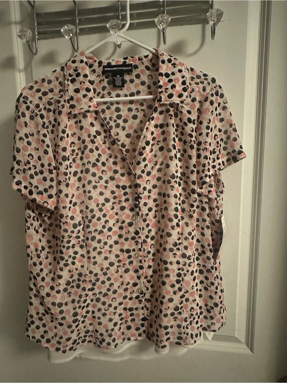Norton McNaughton Pink, Black & Blush Dot Button-Down Short Sleeve Top